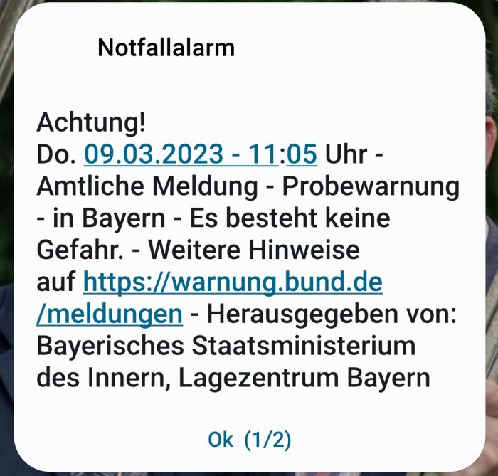 Cell Broadcast-Meldung (deutsch) vom 9. März 2023
