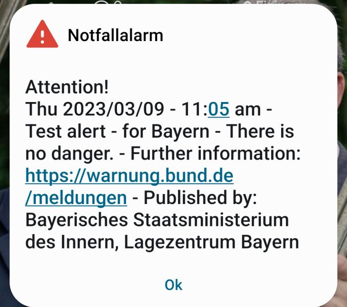 Cell Broadcast-Meldung (englisch) vom 9. März 2023