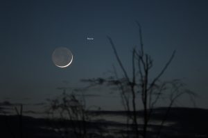 Schmale Mondsichel mit Erdlicht und Stern Botein (δ Arietis)