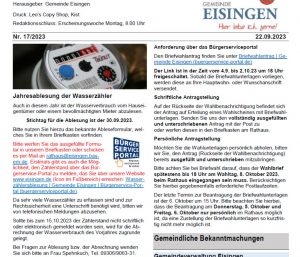Info zum Ablesen der Wasserzähler im Mitteilungsblatt vom 22. September 2023