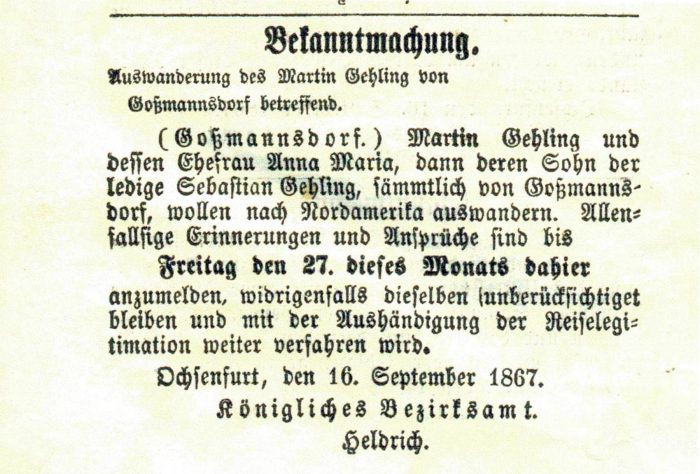 Bekanntmachung zur Auswanderung des Martin Gehling von Goßmannsdorf betreffend.