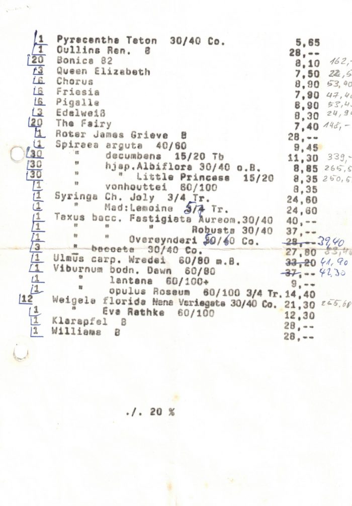 Seite 2 der Pflanzenliste der Baumschule Greb vom 12. Oktober 1993