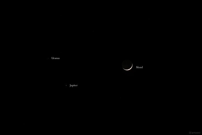 Konstellation Uranus, Jupiter und Erdmond am 10. April 2024 am Westhimmel von Eisingen.