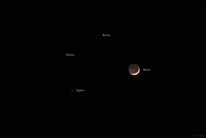 Konstellation Uranus, Jupiter und Erdmond am 10. April 2024 am Westhimmel von Eisingen.
