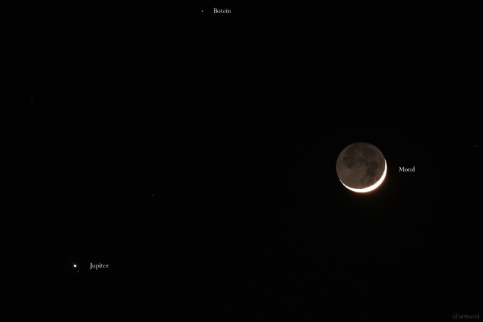 Konstellation Jupiter und Erdmond am 10. April 2024 am Westhimmel von Eisingen.