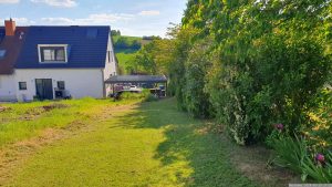 Unser Garten zum Nachbargrundstück nach dem Rasenmähen am 10. Mai 2024