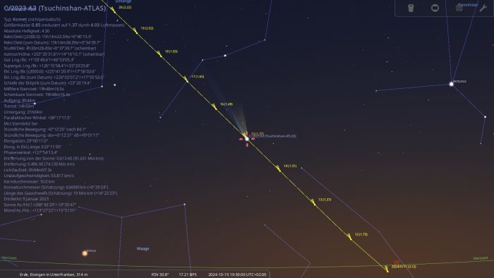 Aufsuchkarte für den Kometen C/2023 A3 (Tsuchinshan-ATLAS) für den 15. Oktober 2024