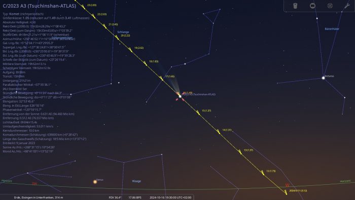 Aufsuchkarte für den Kometen C/2023 A3 (Tsuchinshan-ATLAS) für den 16. Oktober 2024
