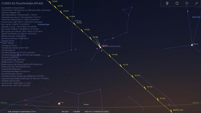 Aufsuchkarte für den Kometen C/2023 A3 (Tsuchinshan-ATLAS) für den 17. Oktober 2024