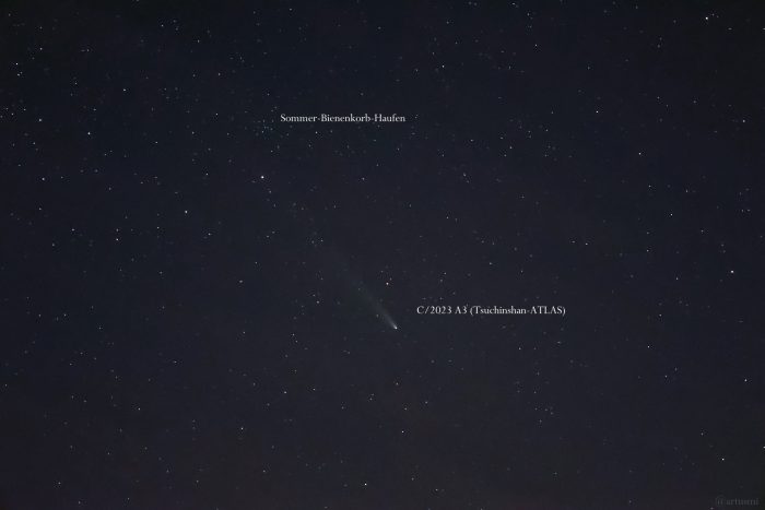 Komet C/2023 A3 (Tsuchinshan-ATLAS) am 25. Oktober 2024 um 19:45 Uhr unterhalb Sommer-Bienenkorb-Haufen (Poseidons Dreizack-Haufen, Schwarzschwalbenschwanz-Haufen), IC 4665, Cr 349, Mel 179 (Bezeichnungen aus Stellarium).