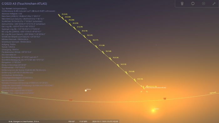 Aufsuchkarte für den Kometen C/2023 A3 (Tsuchinshan-ATLAS) ab 11. Oktober 2024