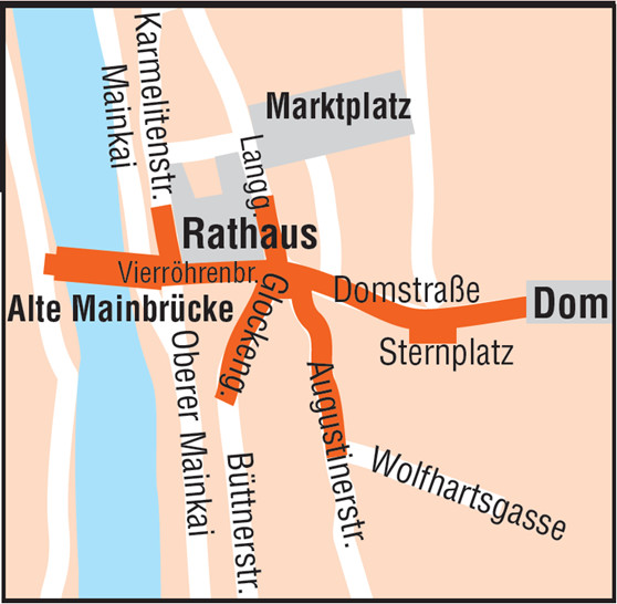 Die Abbildung zeigt die gesperrten Bereiche in der Innenstadt von Würzburg in der Silvesternacht 2024/2025