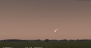 Himmelsanblick um 20.11 Uhr zum Maximum der Finsternis für Eisingen in Unterfranken. Der Mond steht 2° 43' über dem Osthorizont. Grafik erstellt mit Stellarium.
