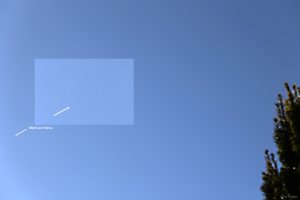 Fotomontage mit Ausschnittsvergrößerung der Konstellation von Mond und Venus am 19. September 2025 um 15:48 Uhr