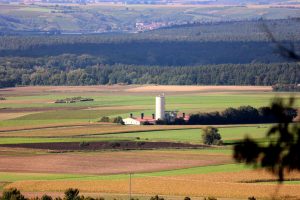 Blick vom terroir f Rödelsee auf den Mastschweinestall bei Großlangheim am 1. Oktober 2025