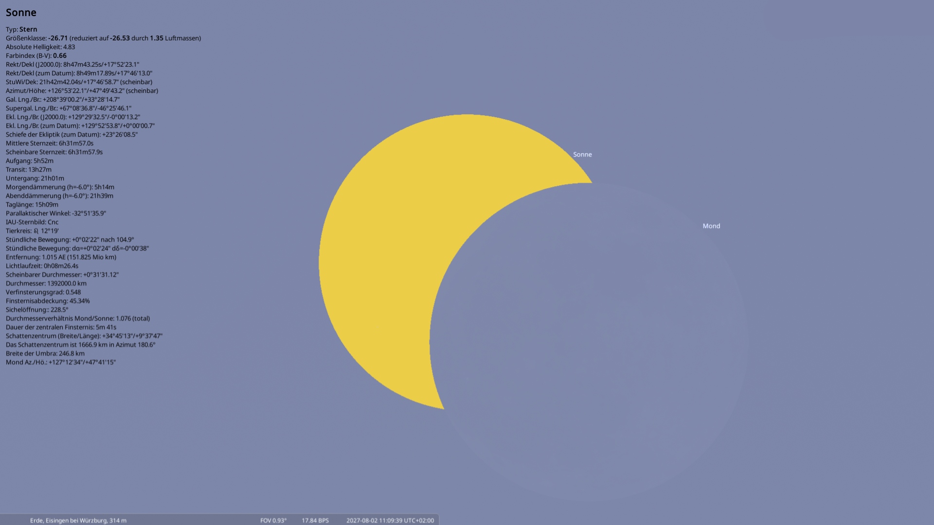 Maximum der partiellen Sonnenfinsternis in Eisingen am 2. August 2025 um 11:09 Uhr