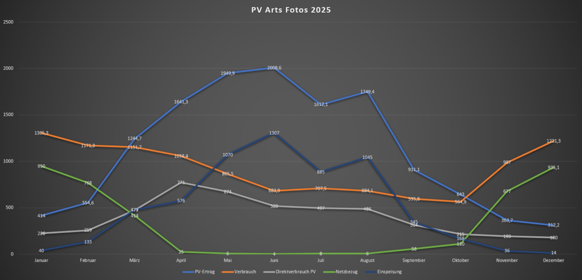 Jahresgrafik zur Leistung und Wirtschaftlichkeit unserer PV-Anlage im dritten Betriebsjahr 2025. Alle Zahlenangaben in Kilowattstunden (kWh).