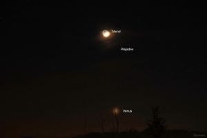 Konstellation Mond, Plejaden und Venus am 19. April 2026 um 21:53 Uhr
