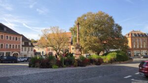 Königsplatz in Kitzingen mit historischer Sandsteinsäule. Im Hintergrund befindet sich eine alte schlitzblättrige Buche (Blutbuche) aus dem 19. Jahrhundert. Der Platz ist von historischen Wohn- und Geschäftshäusern umgeben.