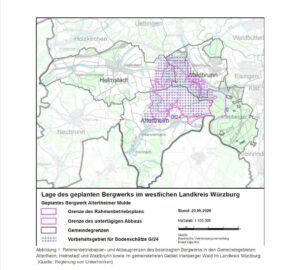 Rahmenbetriebsplan und Abbaugrenzen des beantragten Bergwerks in den Gemeindegebieten Altertheim, Helmstadt und Waldbrunn sowie im gemeindefreien Gebiet Irtenberger Wald im Lkr. Würzburg.